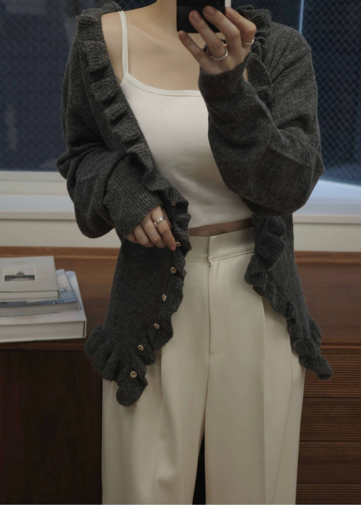 ruffle sheer rib waist knit cardigan