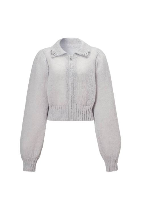 bijou collar mohair touch cropped zip knit