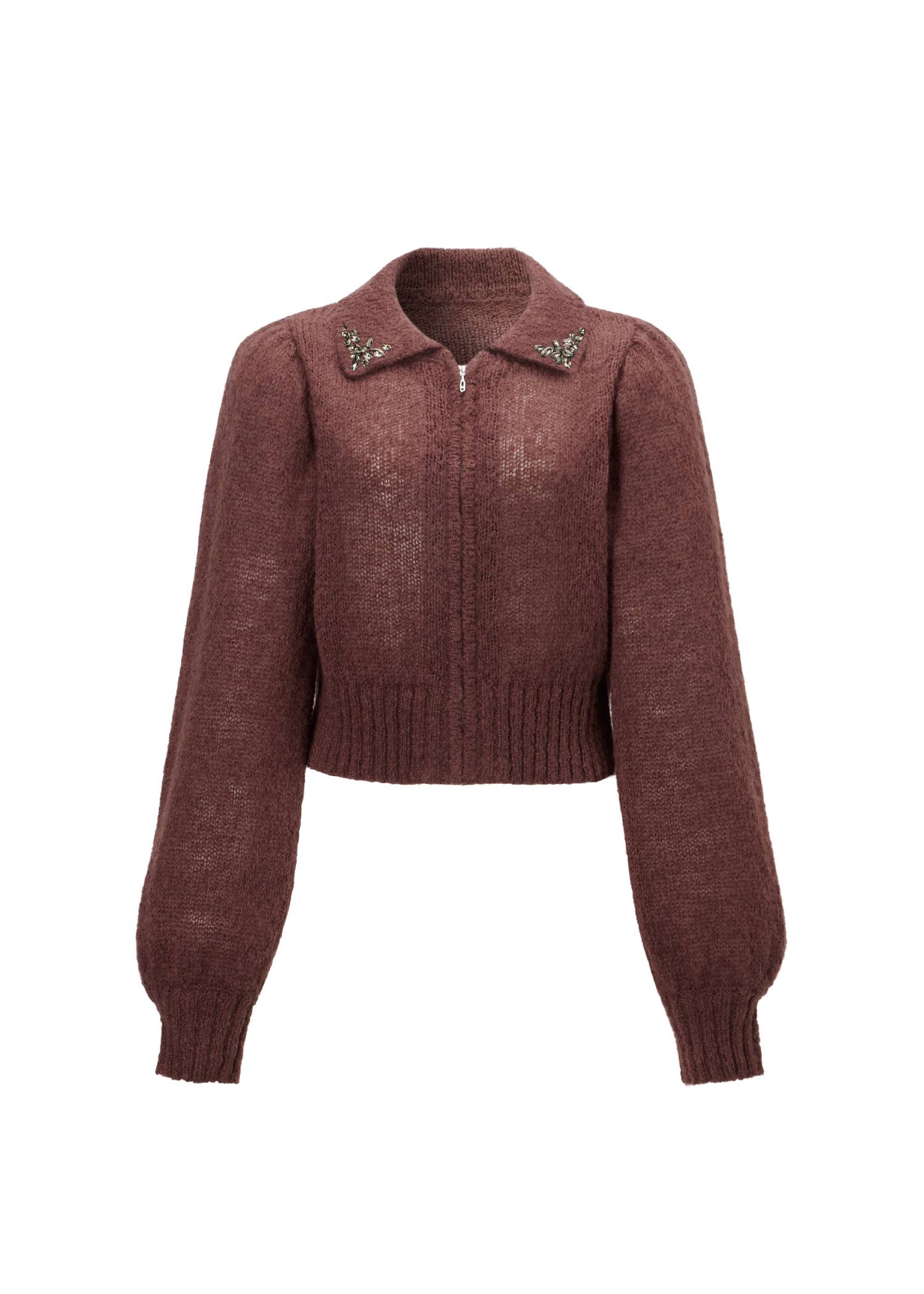 bijou collar mohair touch cropped zip knit