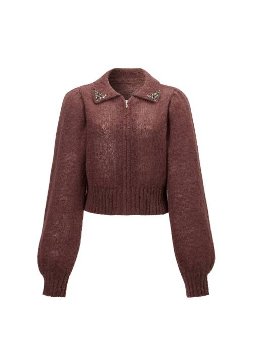 bijou collar mohair touch cropped zip knit
