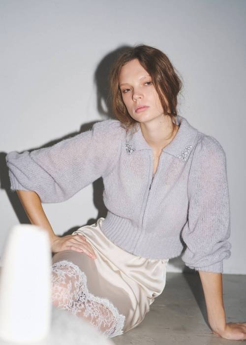 bijou collar mohair touch cropped zip knit