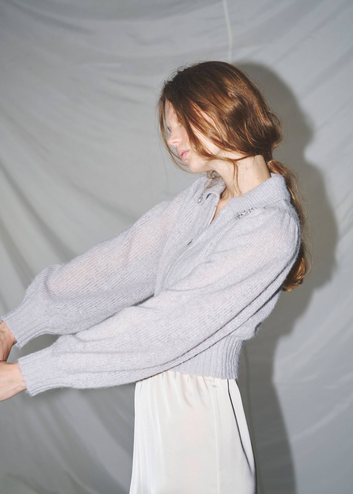 bijou collar mohair touch cropped zip knit