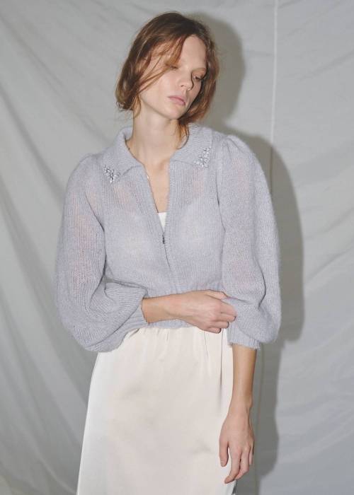 bijou collar mohair touch cropped zip knit
