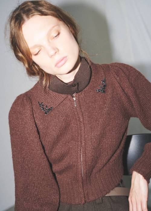 bijou collar mohair touch cropped zip knit