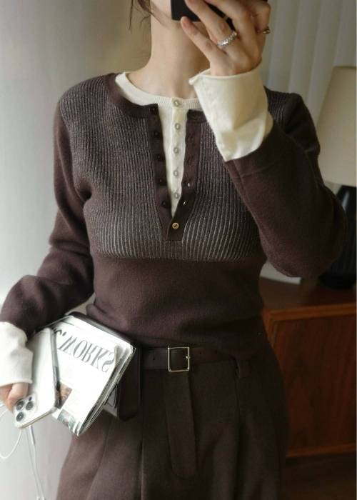 button henley effortless layered knit