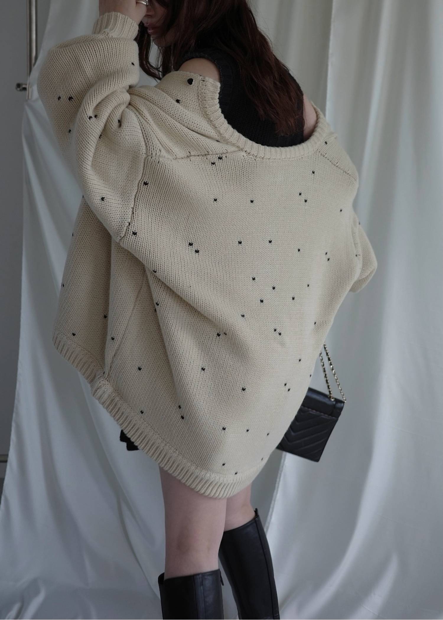 long heart dot jacquard reversible knit cardigan