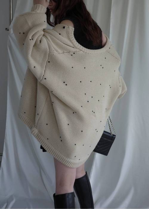 long heart dot jacquard reversible knit cardigan