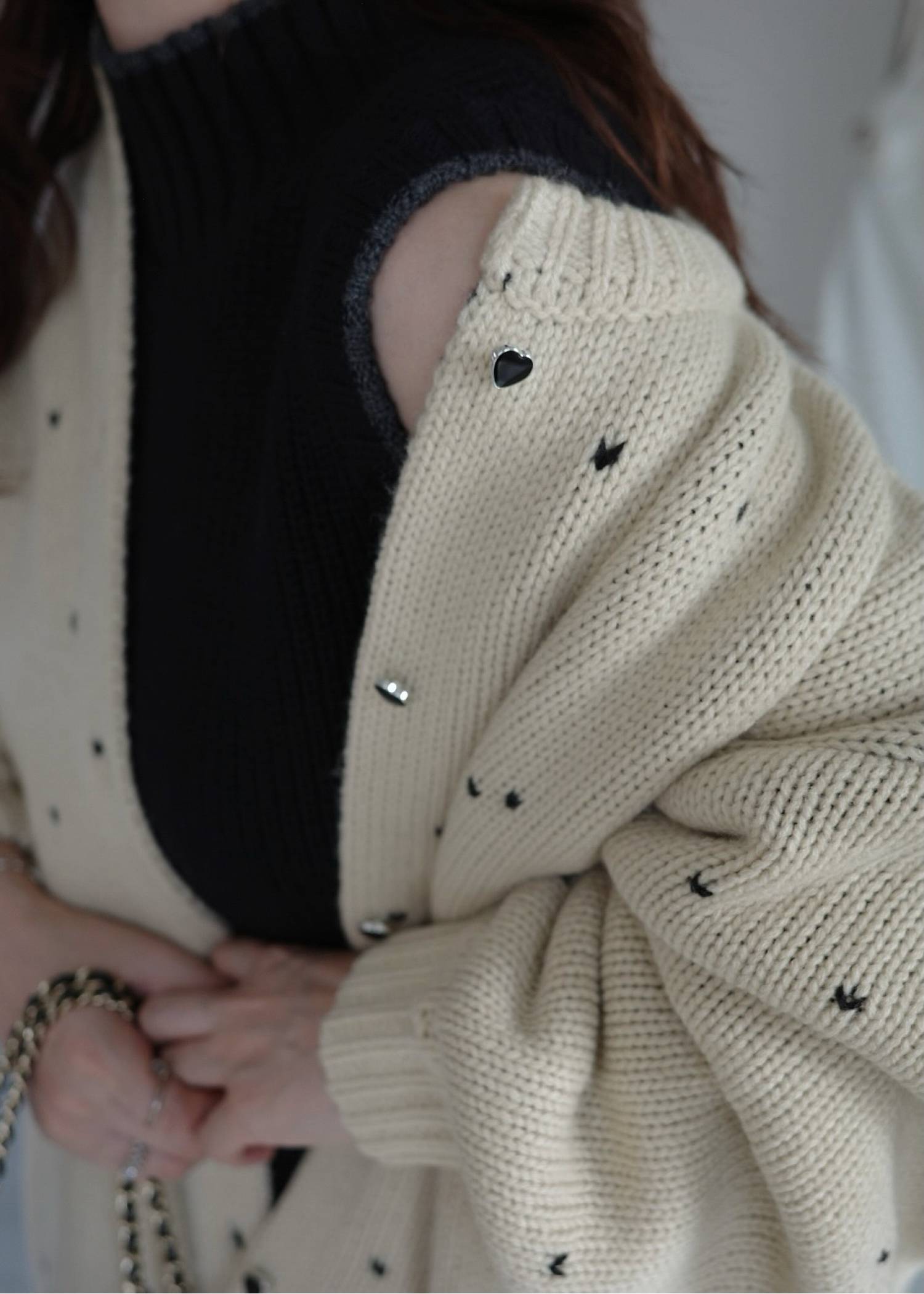 long heart dot jacquard reversible knit cardigan