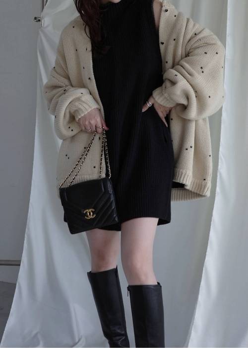 long heart dot jacquard reversible knit cardigan