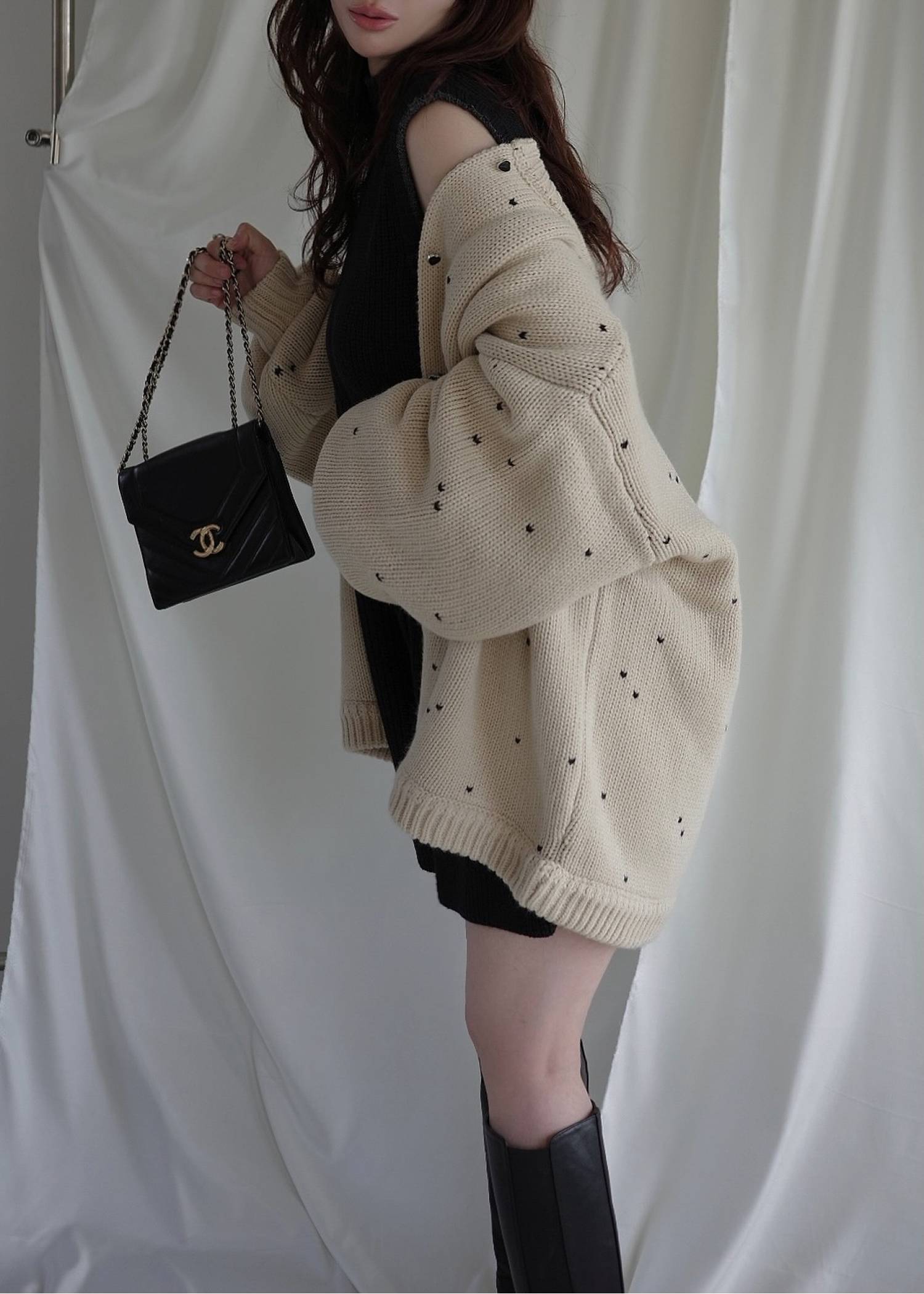 long heart dot jacquard reversible knit cardigan