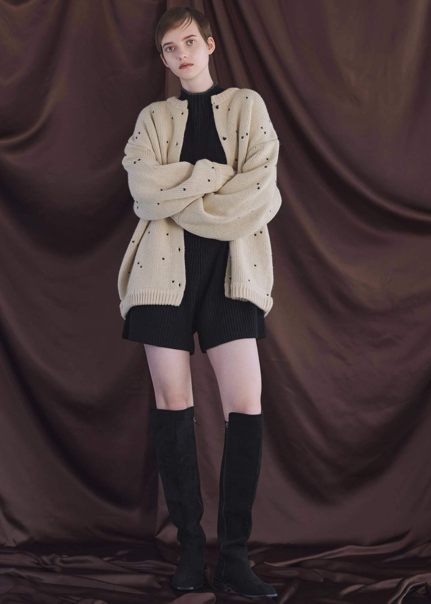 long heart dot jacquard reversible knit cardigan