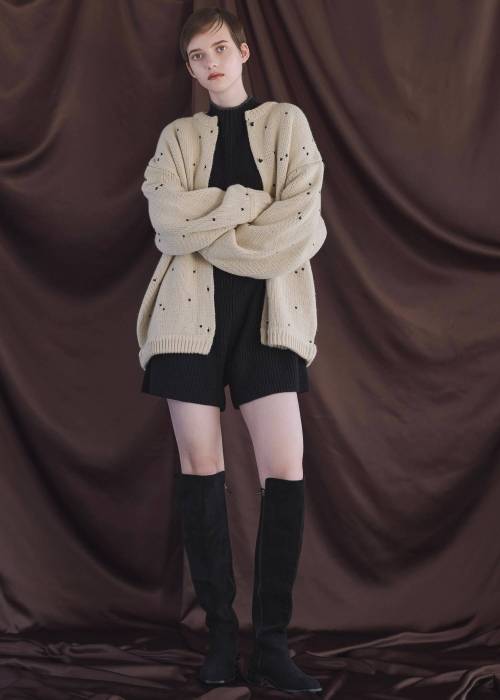 long heart dot jacquard reversible knit cardigan