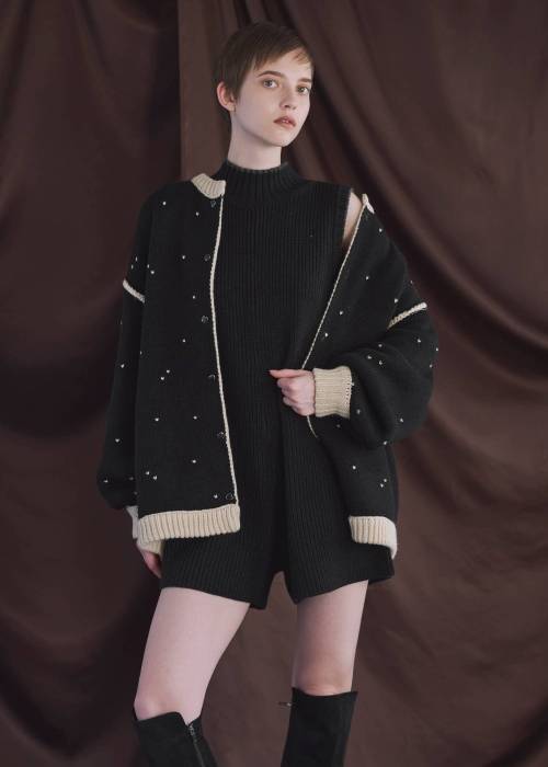 long heart dot jacquard reversible knit cardigan