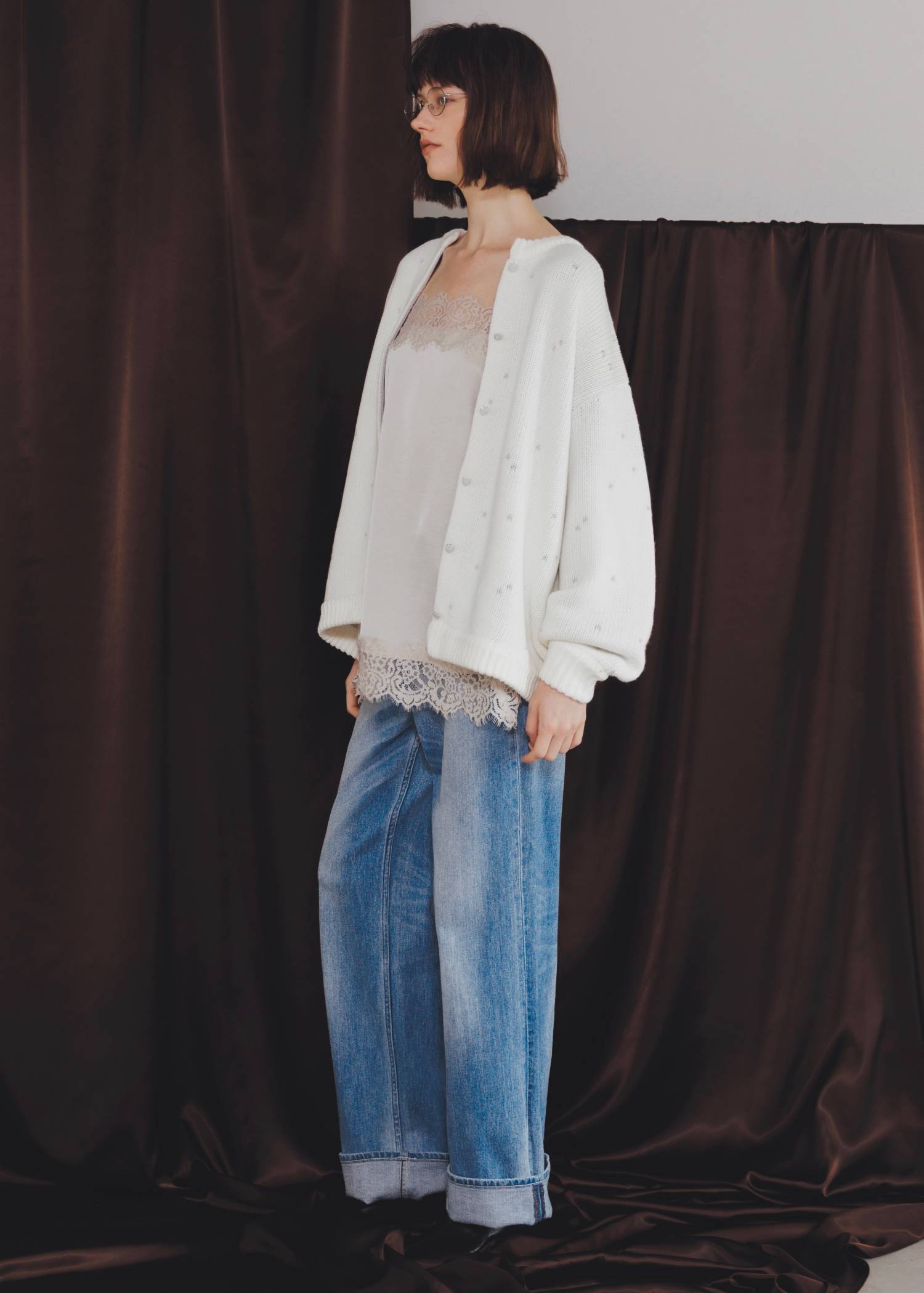 long heart dot jacquard reversible knit cardigan