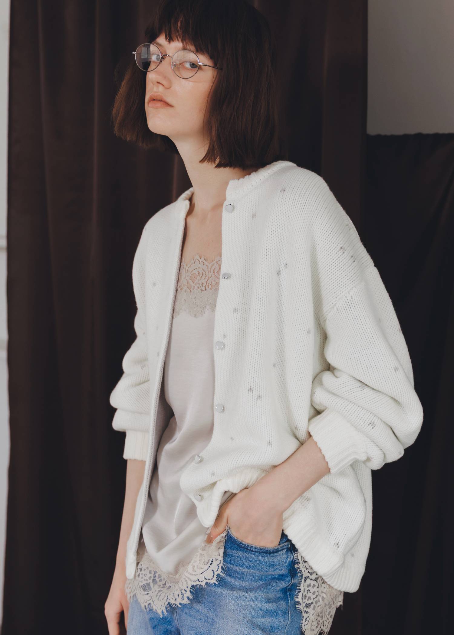 long heart dot jacquard reversible knit cardigan