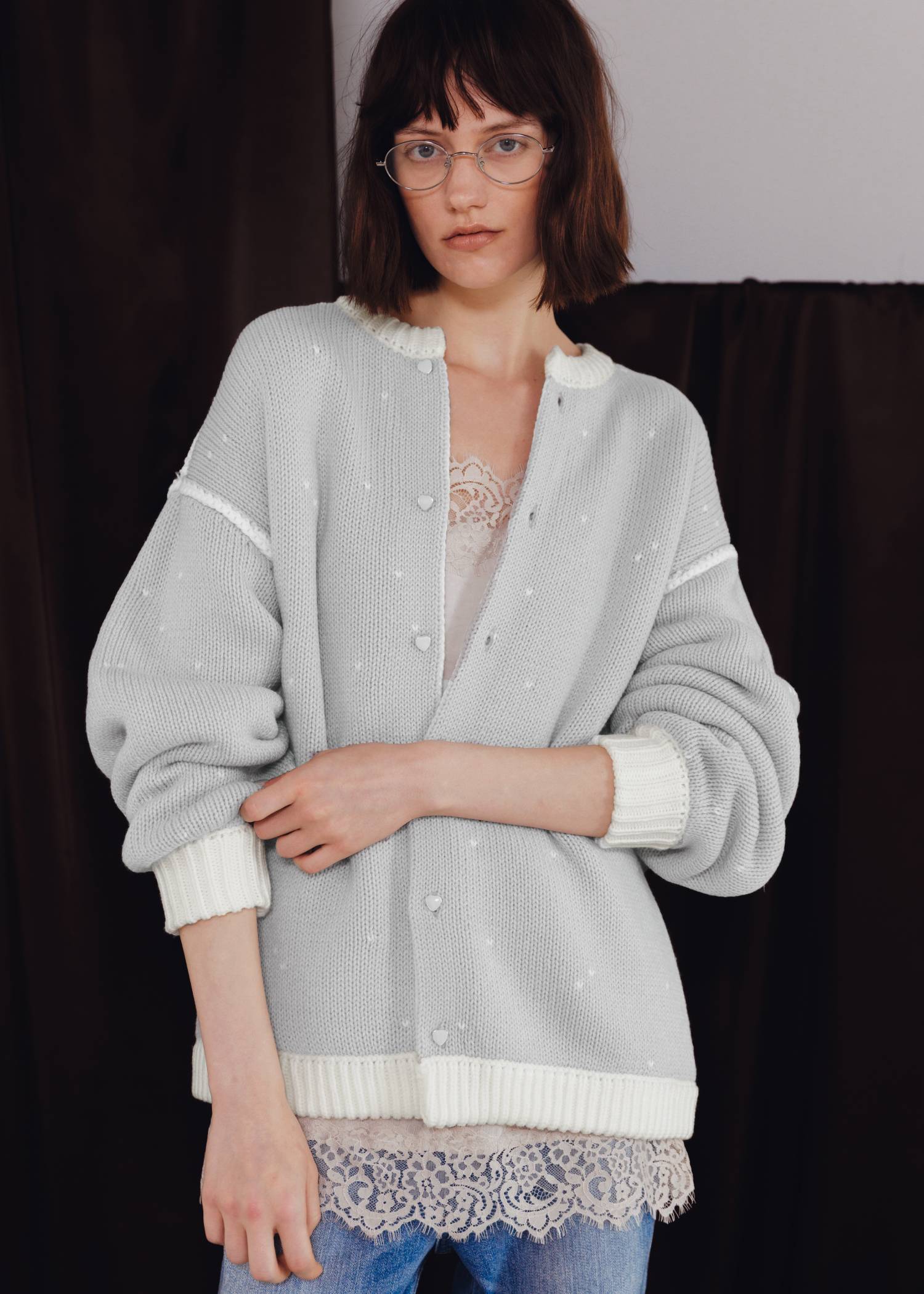 long heart dot jacquard reversible knit cardigan