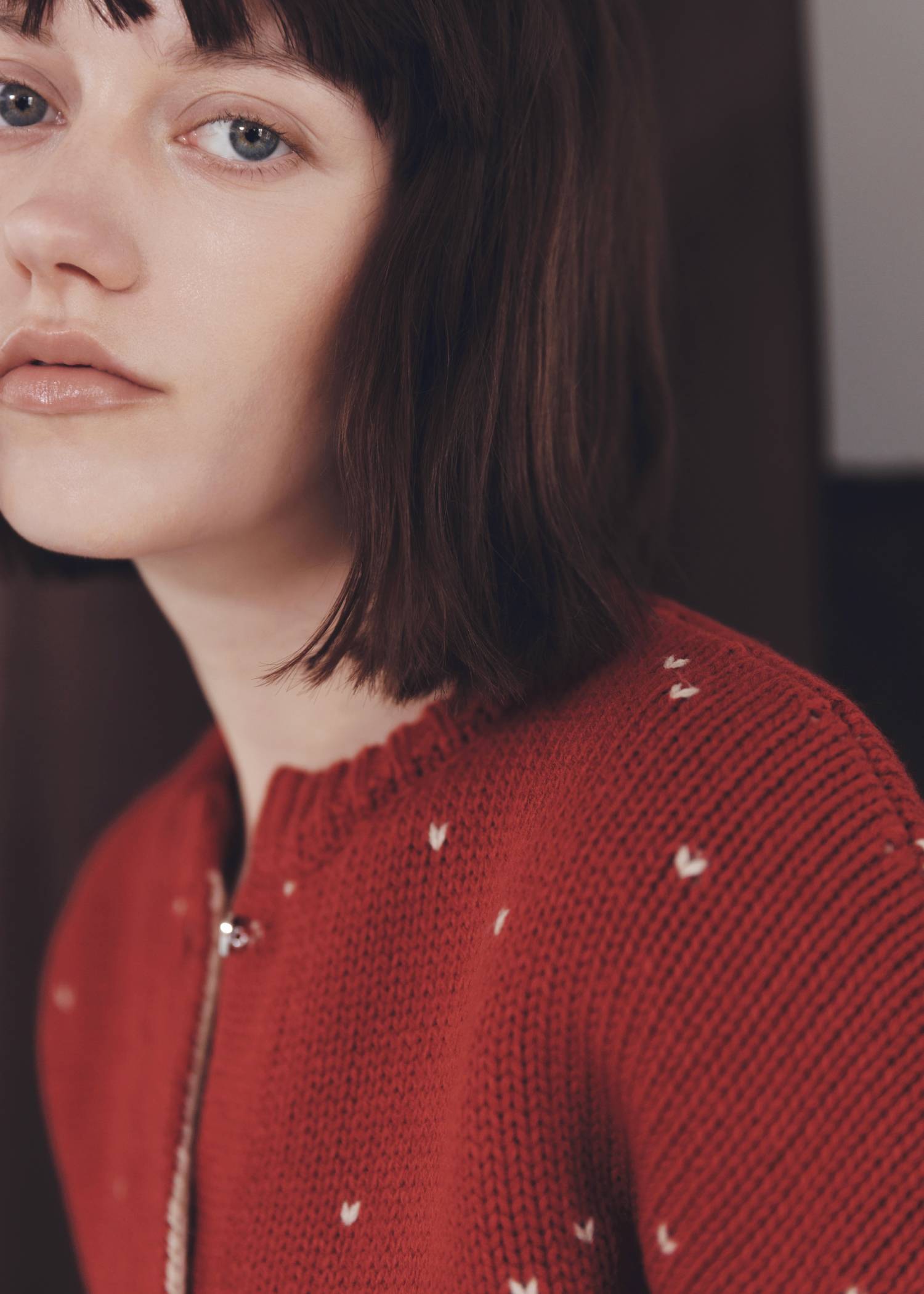 long heart dot jacquard reversible knit cardigan