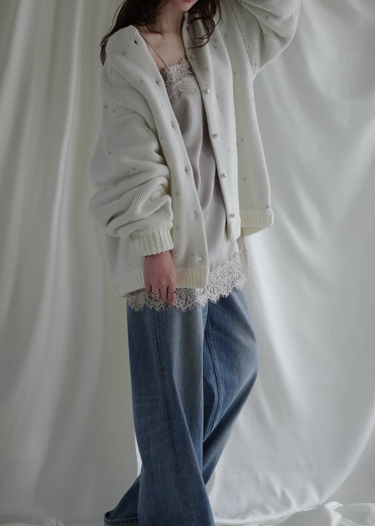 long heart dot jacquard reversible knit cardigan