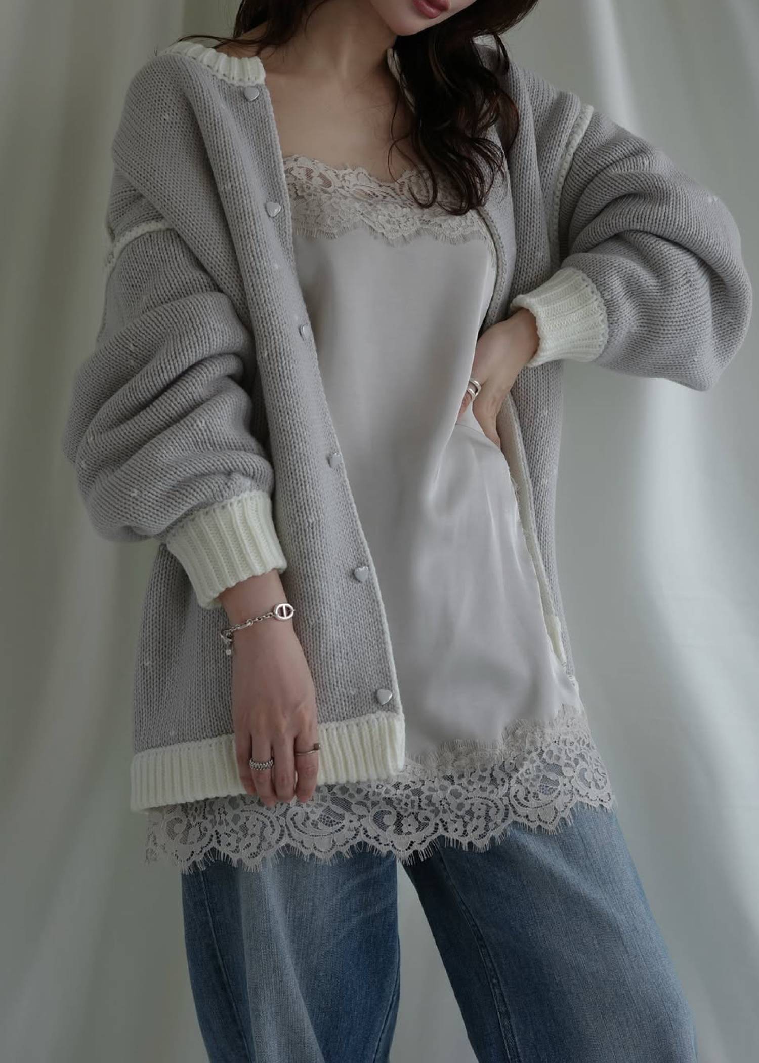 long heart dot jacquard reversible knit cardigan