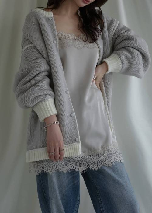 long heart dot jacquard reversible knit cardigan