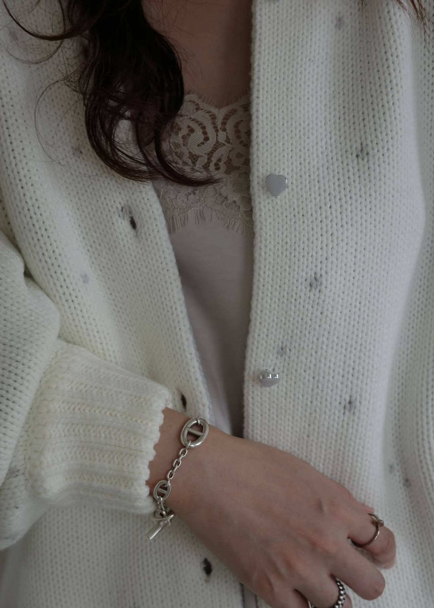 long heart dot jacquard reversible knit cardigan
