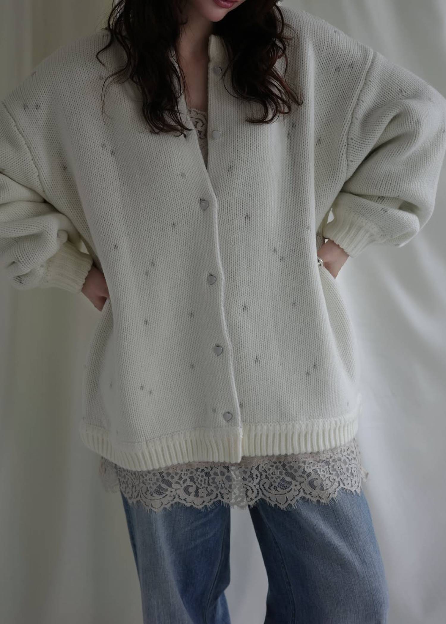 long heart dot jacquard reversible knit cardigan