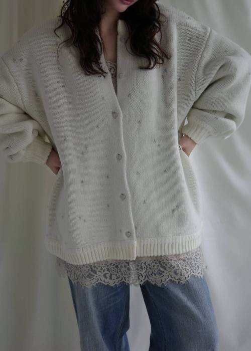 long heart dot jacquard reversible knit cardigan