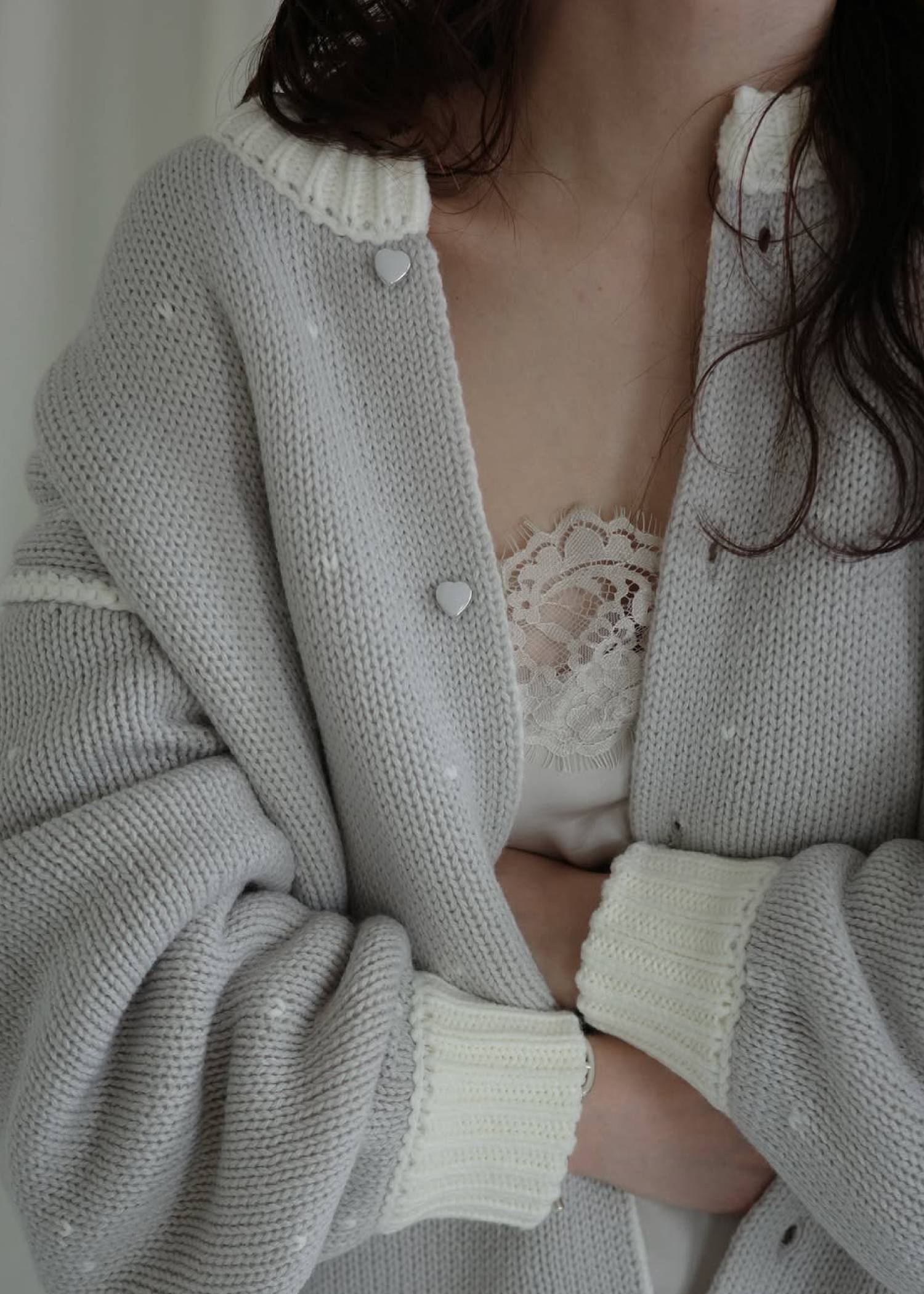 long heart dot jacquard reversible knit cardigan