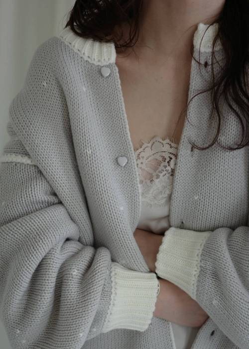 long heart dot jacquard reversible knit cardigan