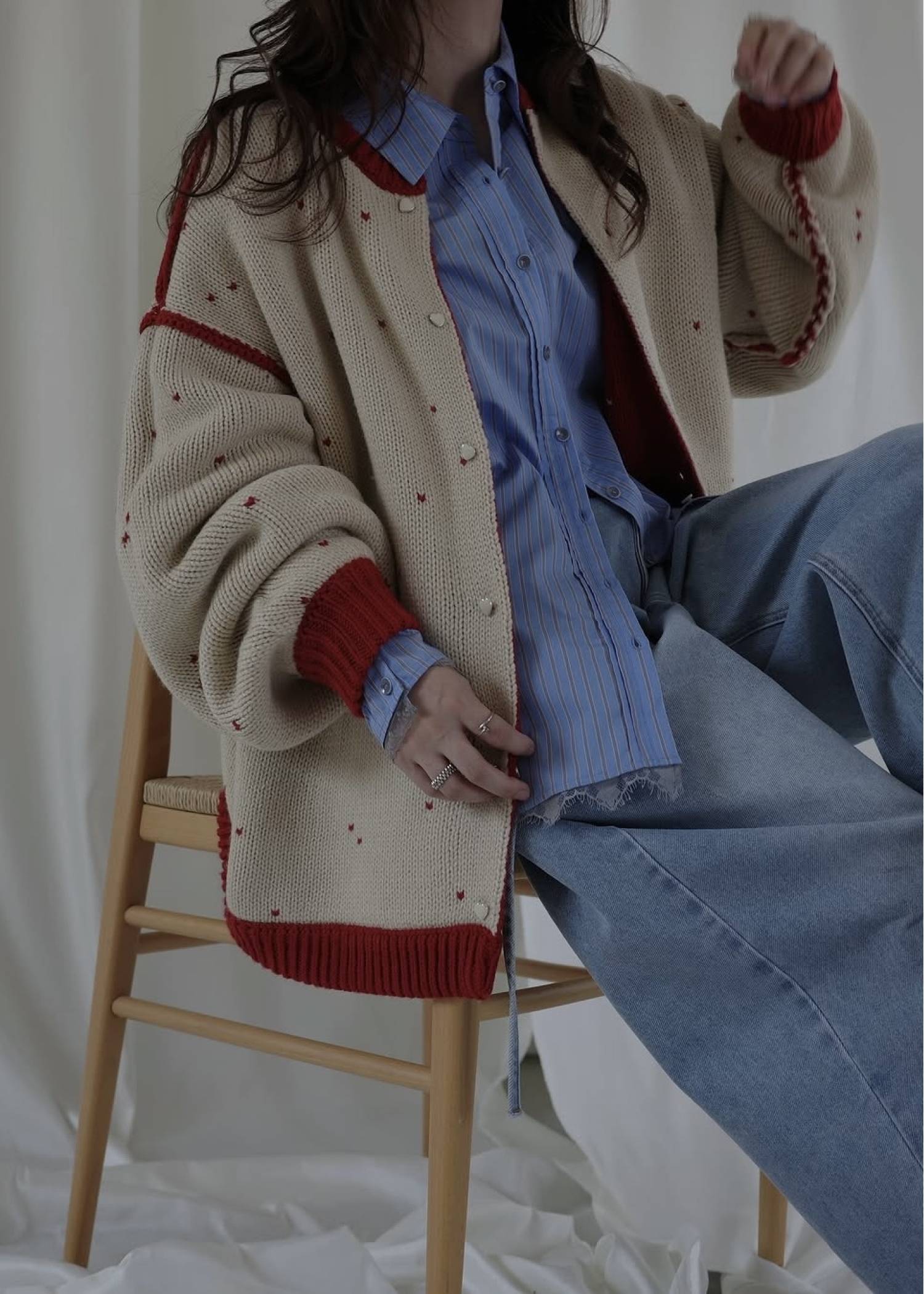long heart dot jacquard reversible knit cardigan