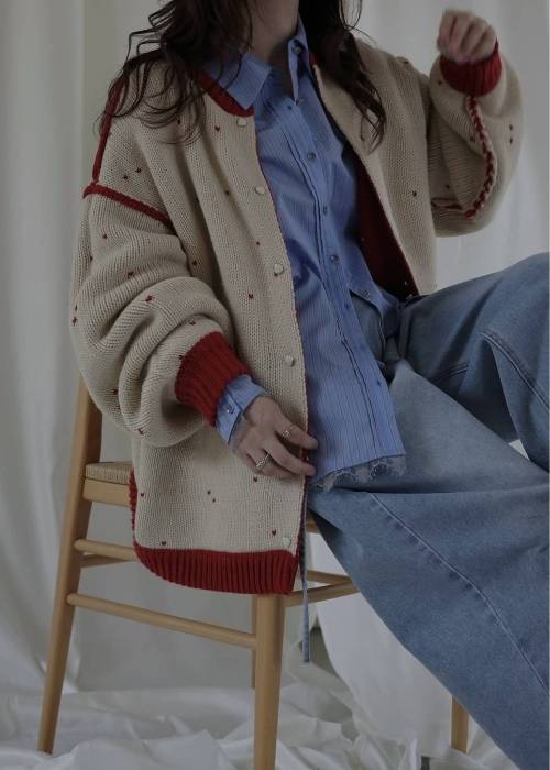 long heart dot jacquard reversible knit cardigan