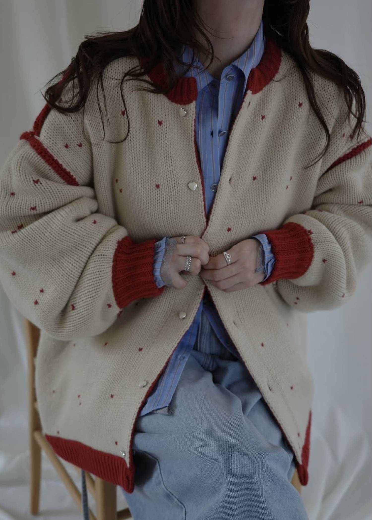 long heart dot jacquard reversible knit cardigan