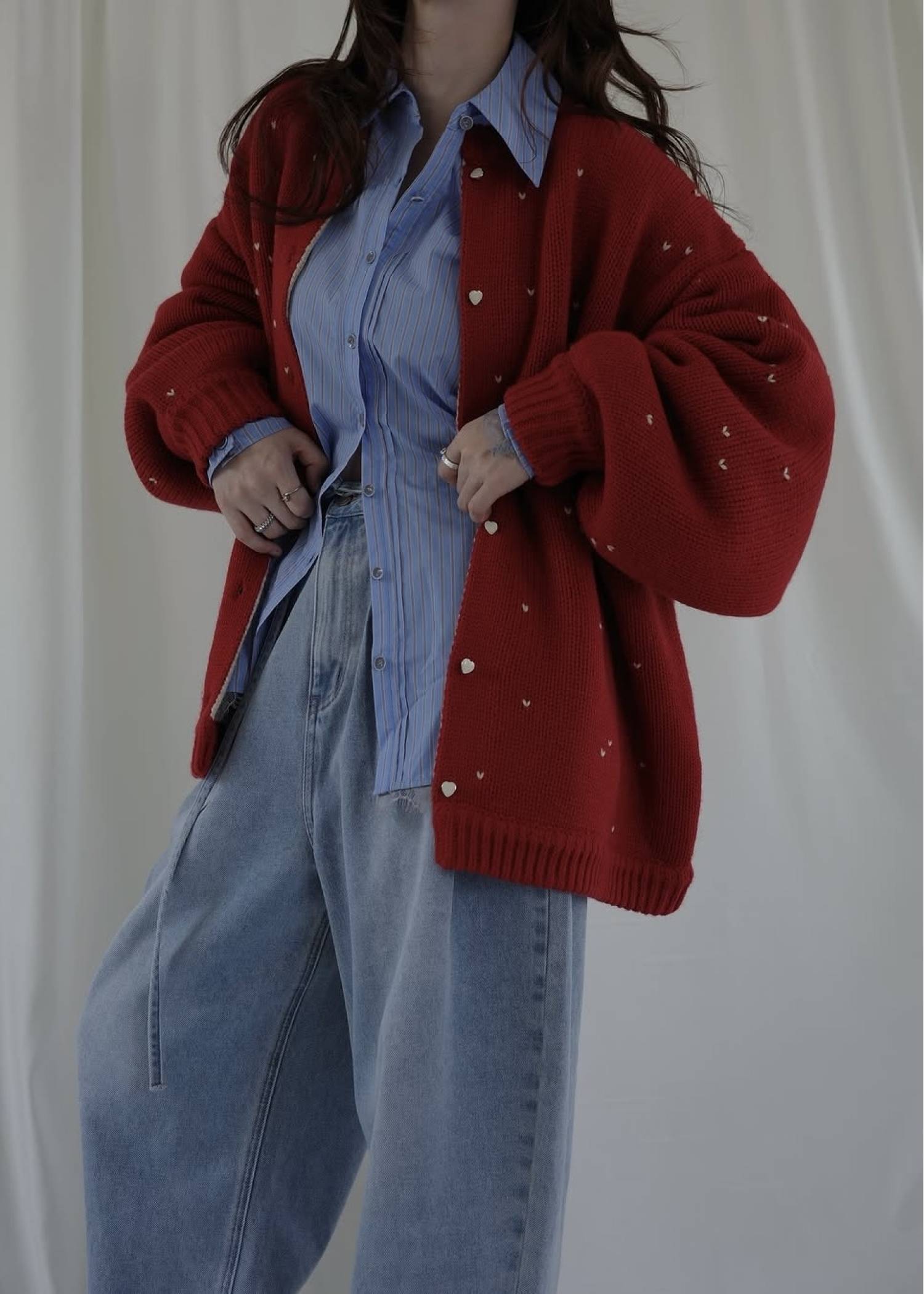 long heart dot jacquard reversible knit cardigan
