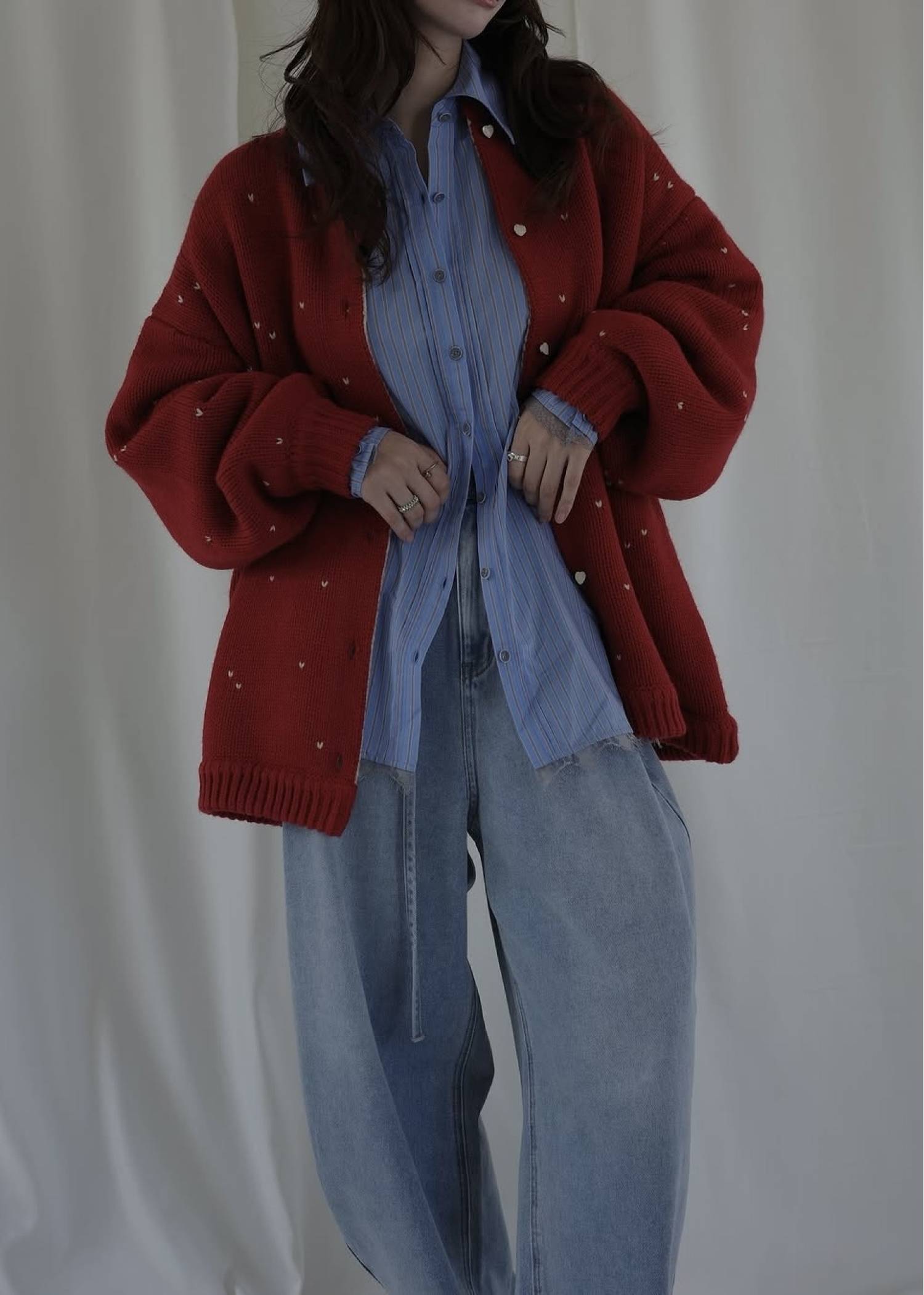 long heart dot jacquard reversible knit cardigan