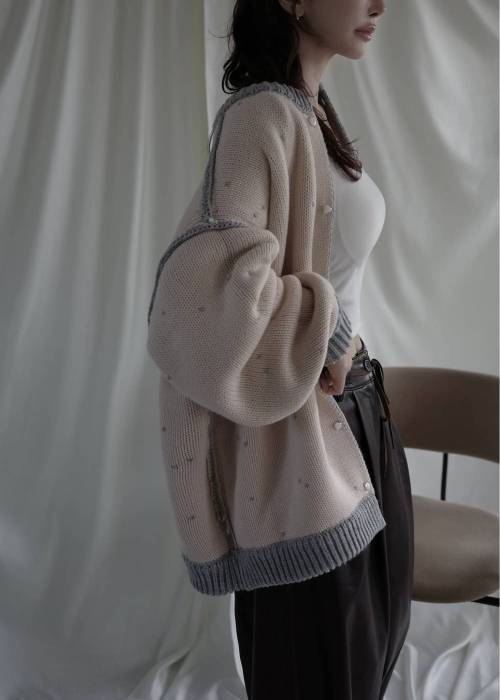 long heart dot jacquard reversible knit cardigan