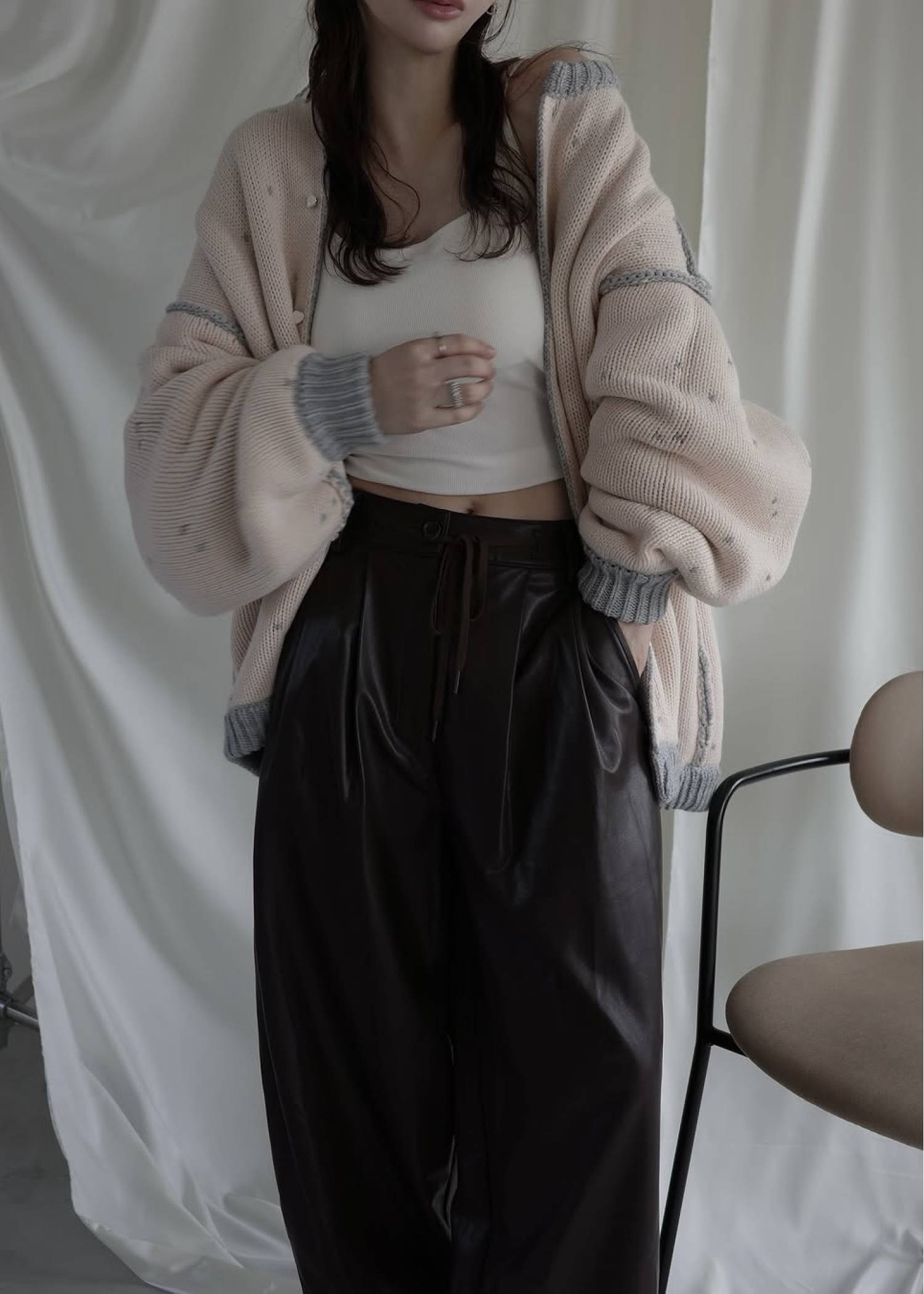 long heart dot jacquard reversible knit cardigan