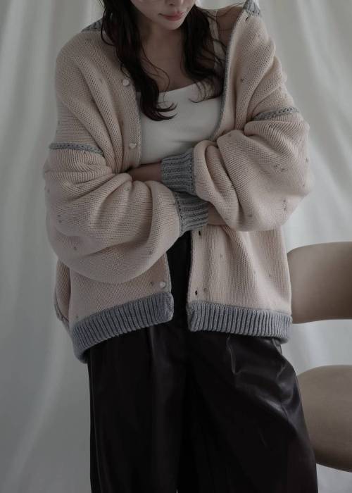 long heart dot jacquard reversible knit cardigan