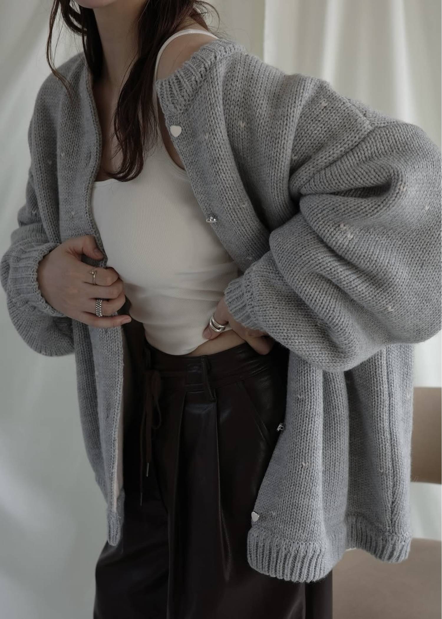 long heart dot jacquard reversible knit cardigan