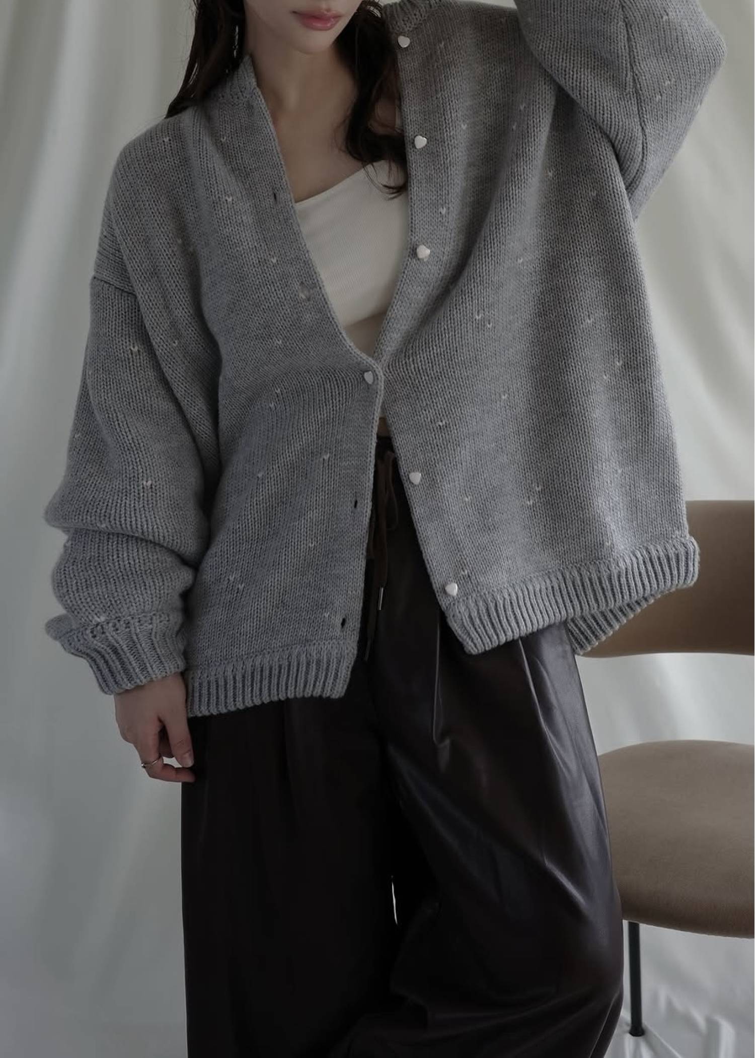 long heart dot jacquard reversible knit cardigan