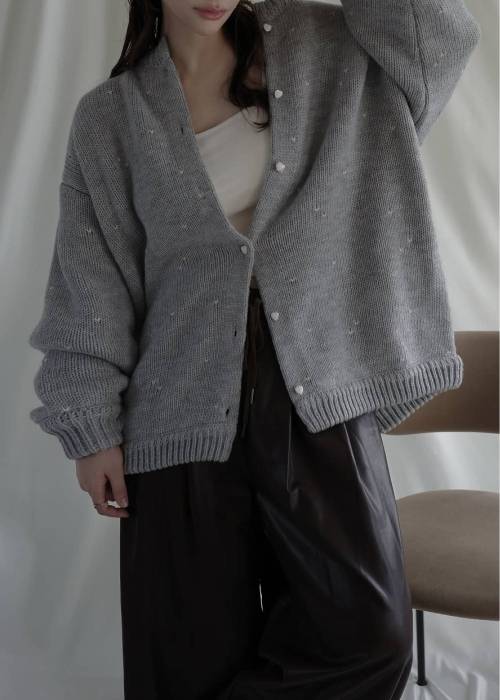long heart dot jacquard reversible knit cardigan