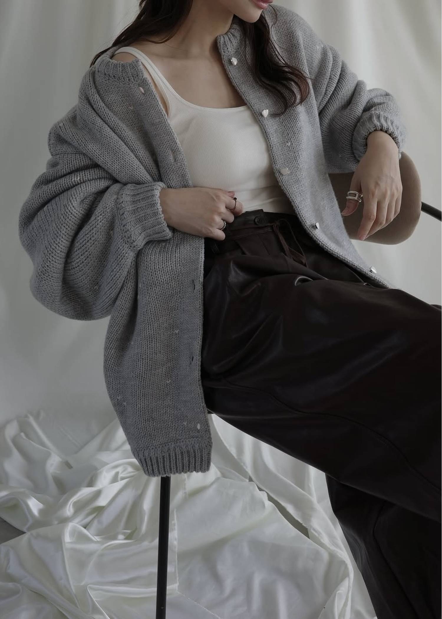 long heart dot jacquard reversible knit cardigan