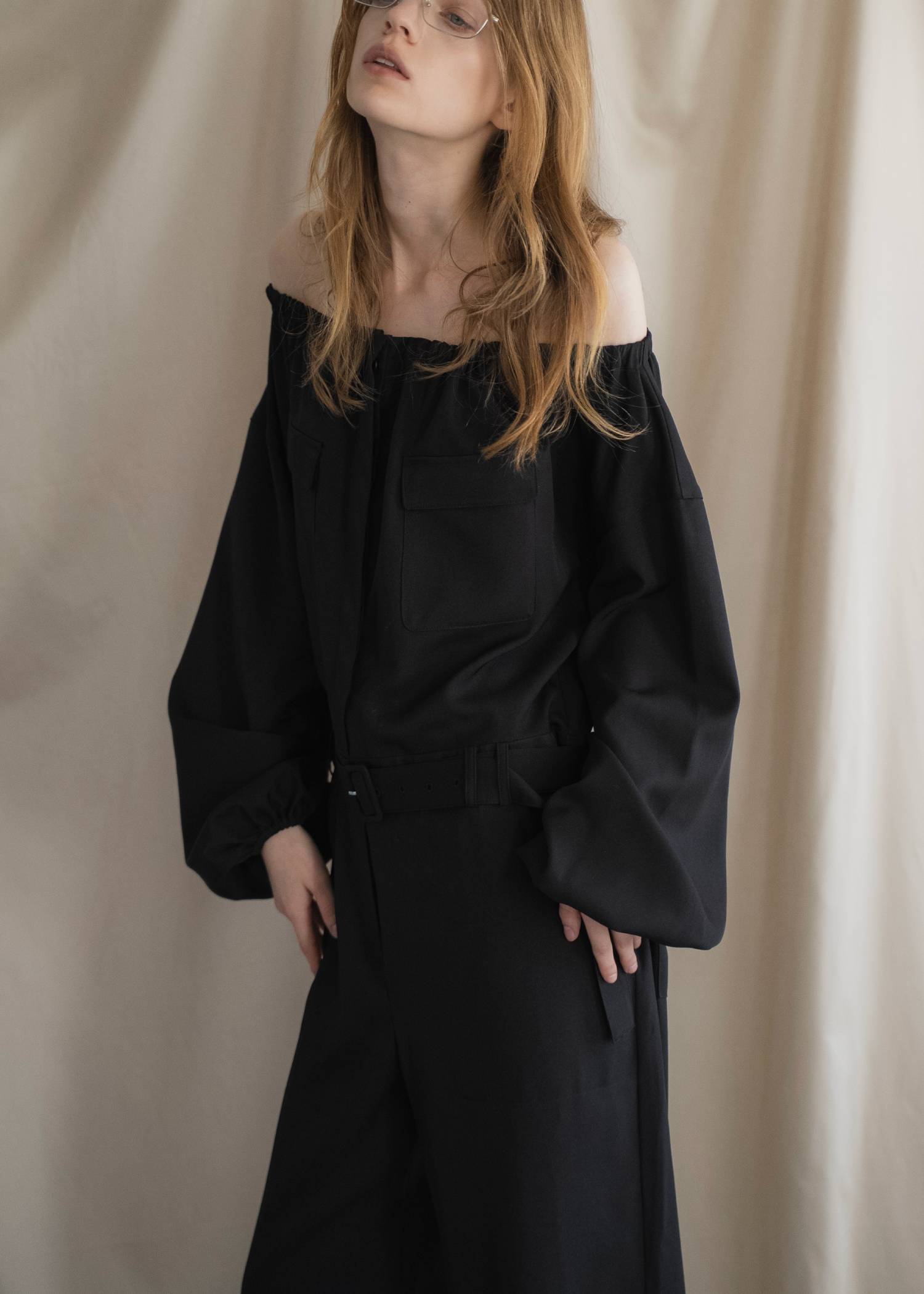 off shoulder shirring blousing all-in-one