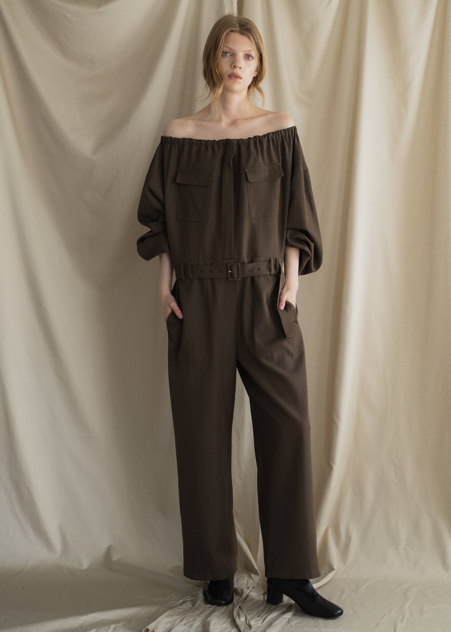 off shoulder shirring blousing all-in-one