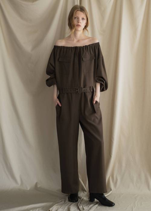 off shoulder shirring blousing all-in-one