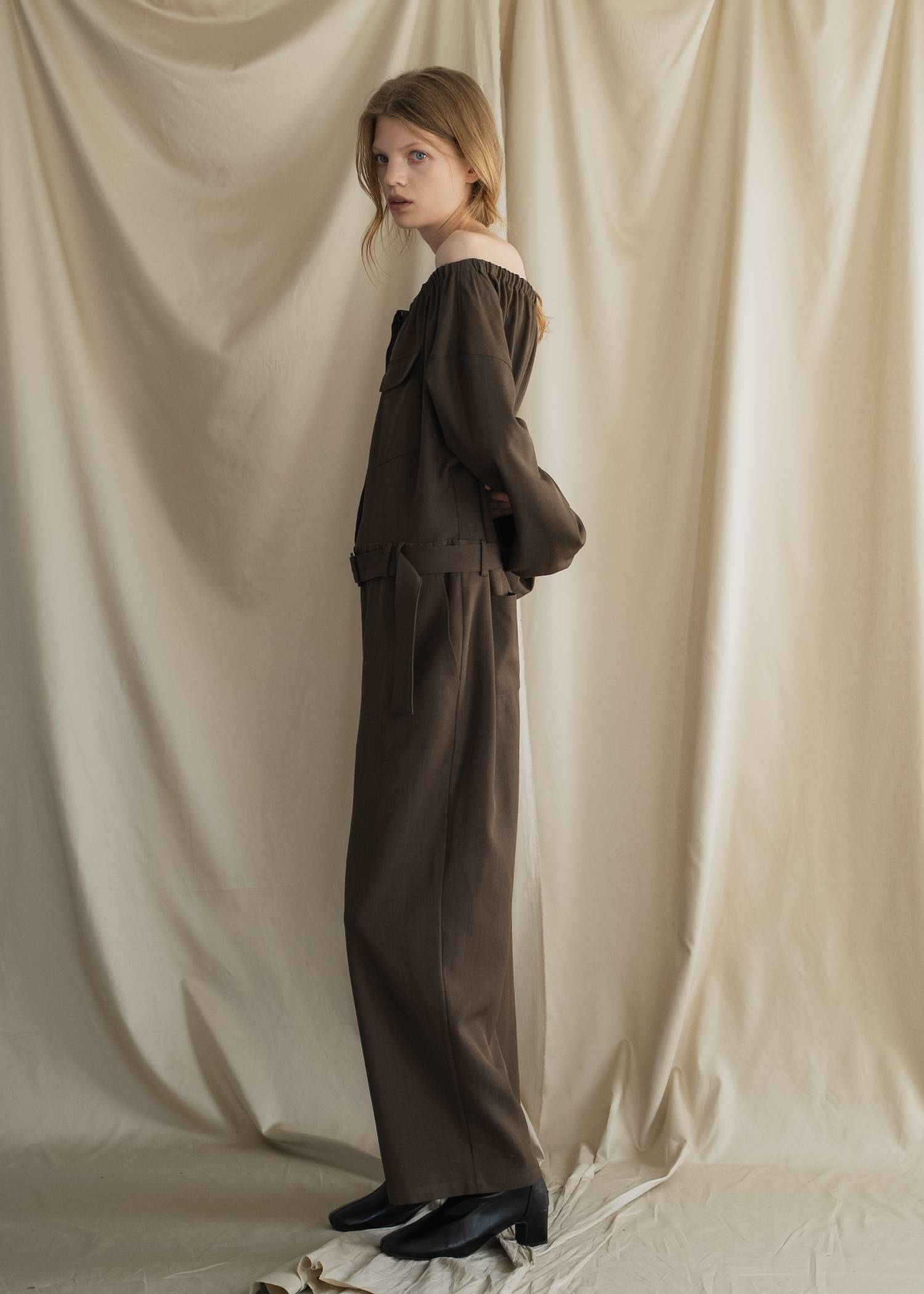 off shoulder shirring blousing all-in-one