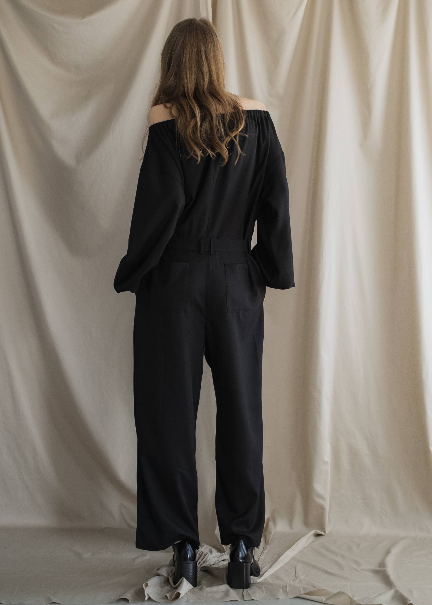 off shoulder shirring blousing all-in-one