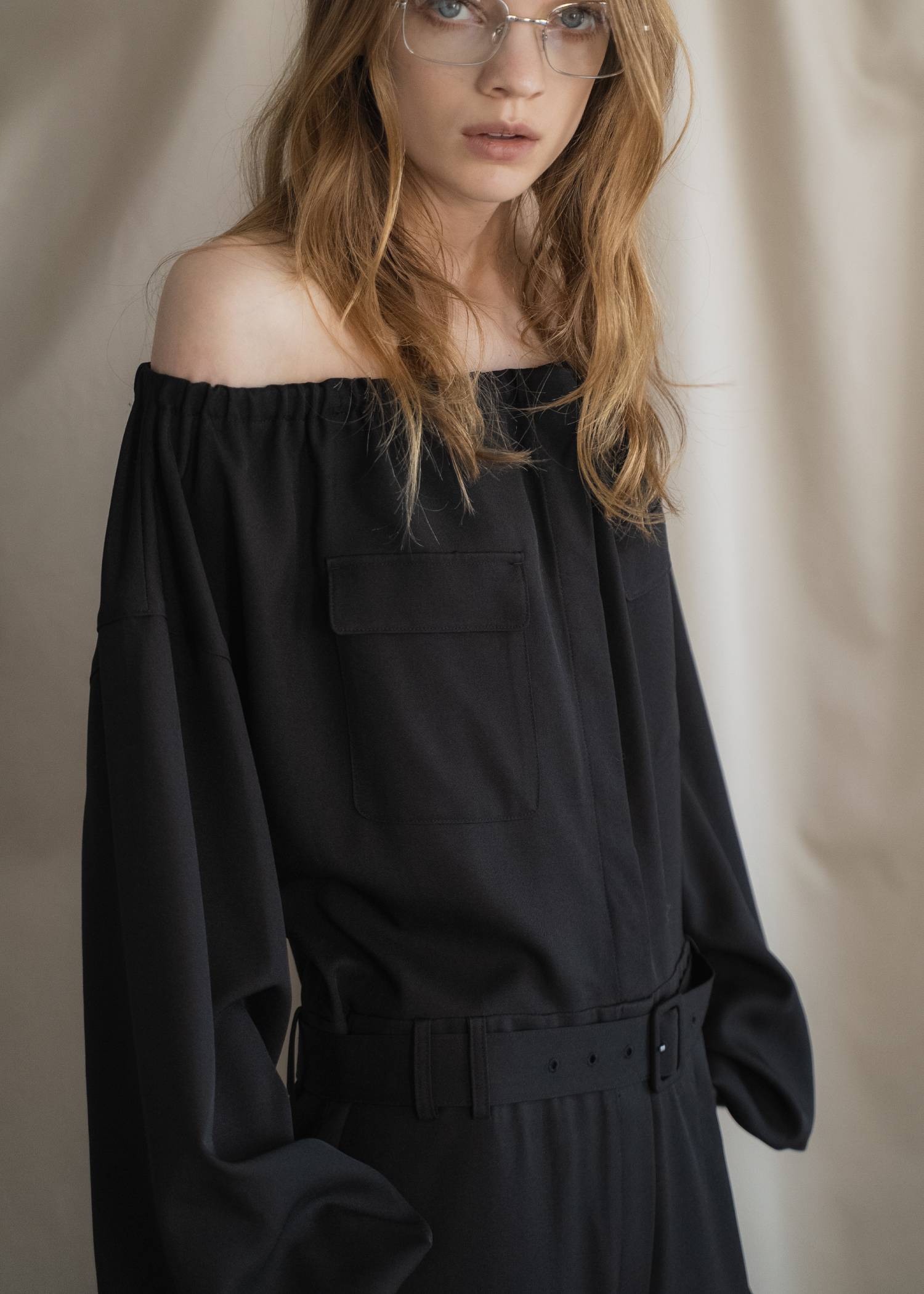 off shoulder shirring blousing all-in-one