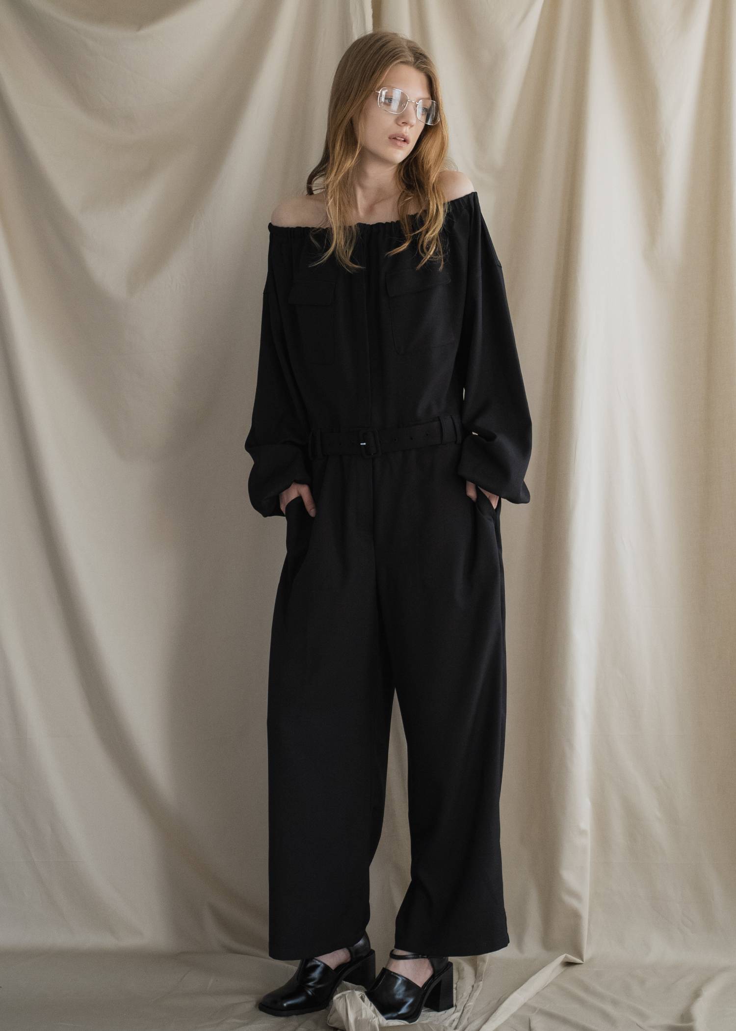 off shoulder shirring blousing all-in-one