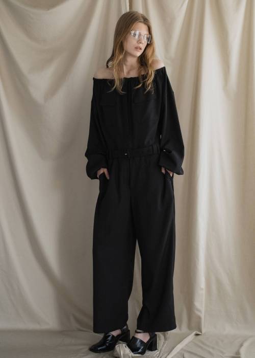 off shoulder shirring blousing all-in-one