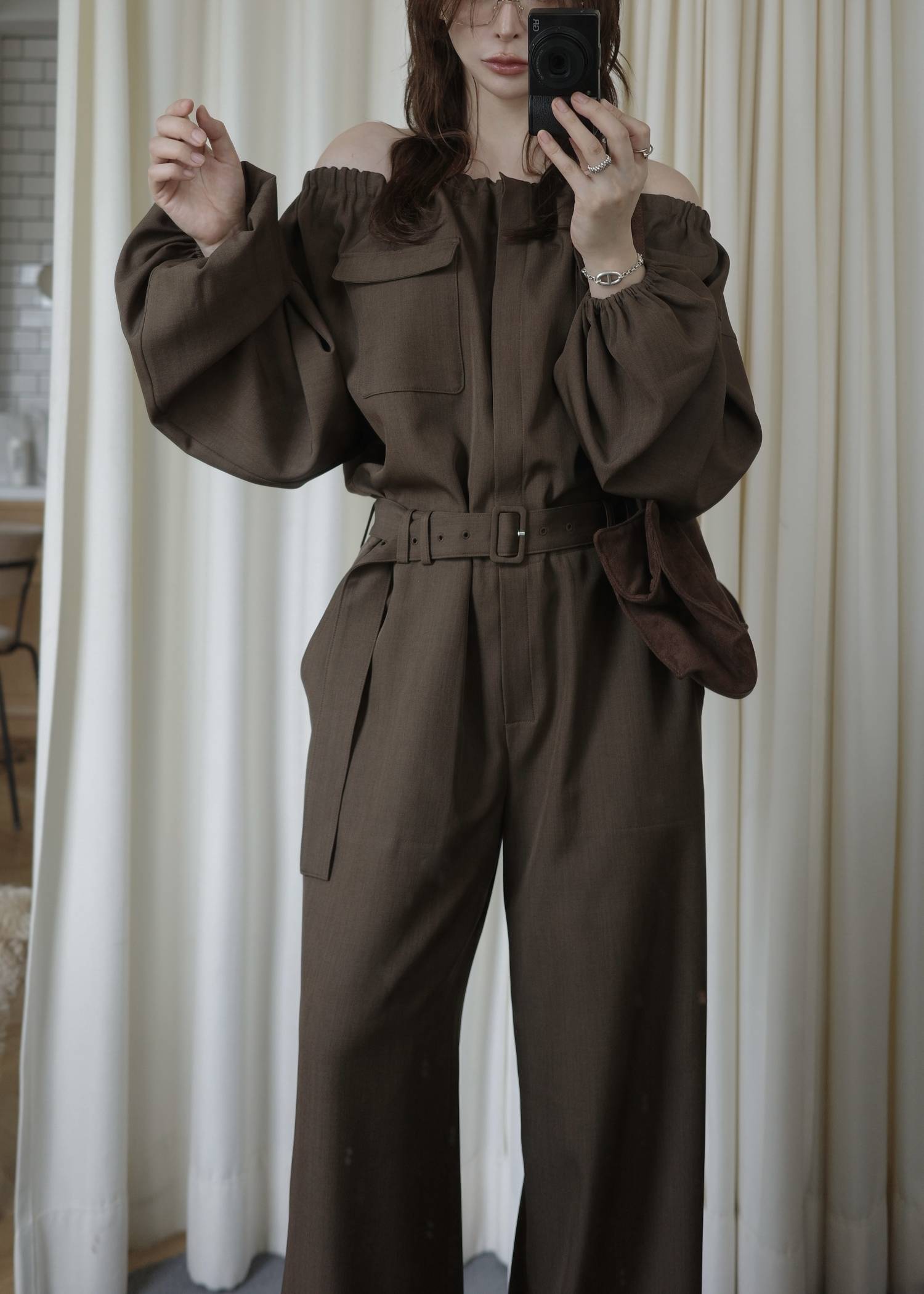 off shoulder shirring blousing all-in-one